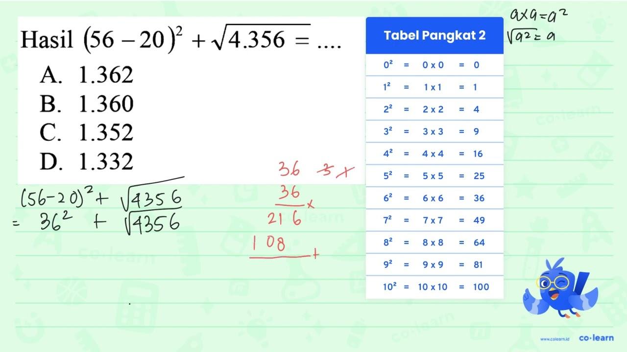 Hasil (56 - 20)^2 + akar(4.356)= ...