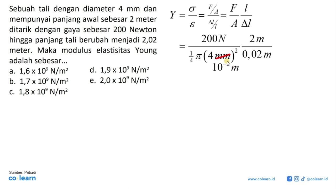 Sebuah tali dengan diameter 4 mm dan mempunyai panjang awal