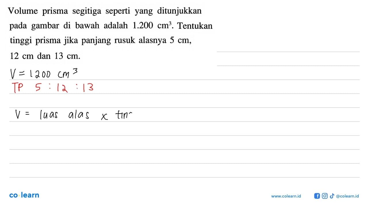 Volume prisma segitiga seperti yang ditunjukkan pada gambar