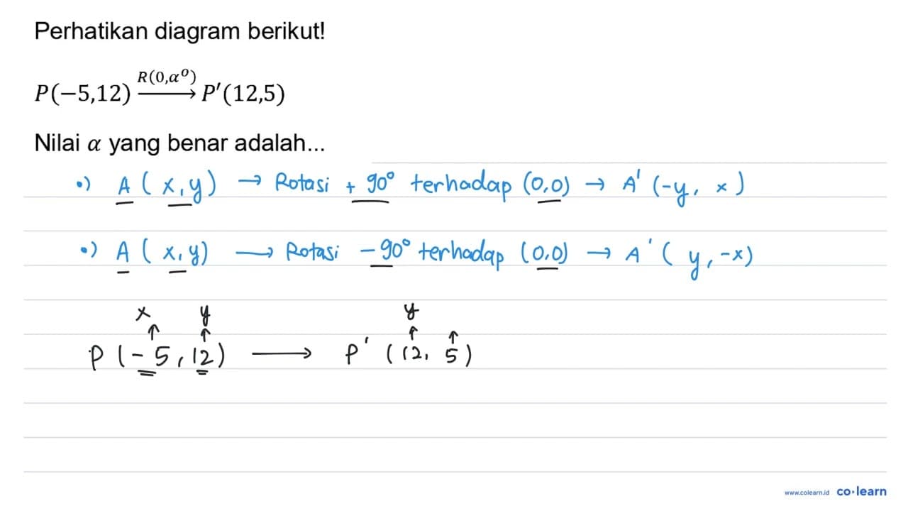 Perhatikan diagram berikut! P(-5,12) --> R(0,a) P'(12,5)