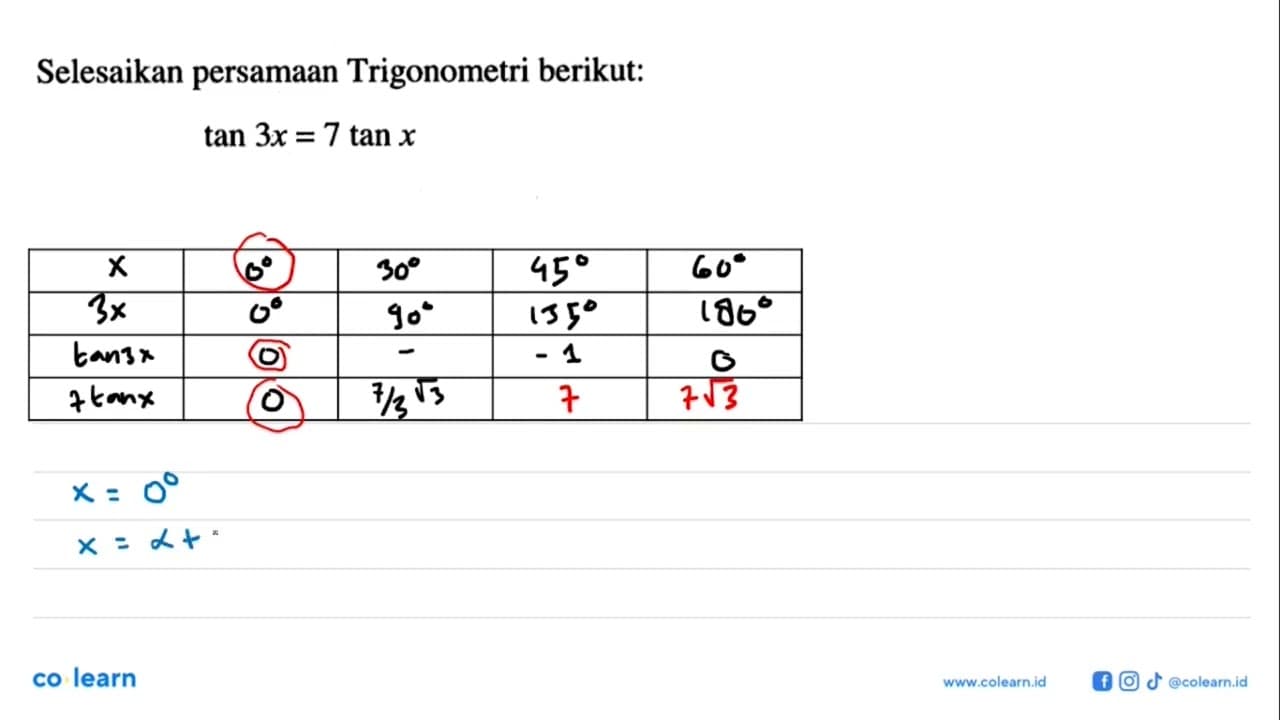 Selesaikan persamaan Trigonometri berikut: tan3x=7tanx