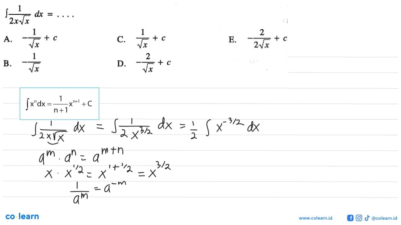 integral 1/(2x akar(x)) dx=....