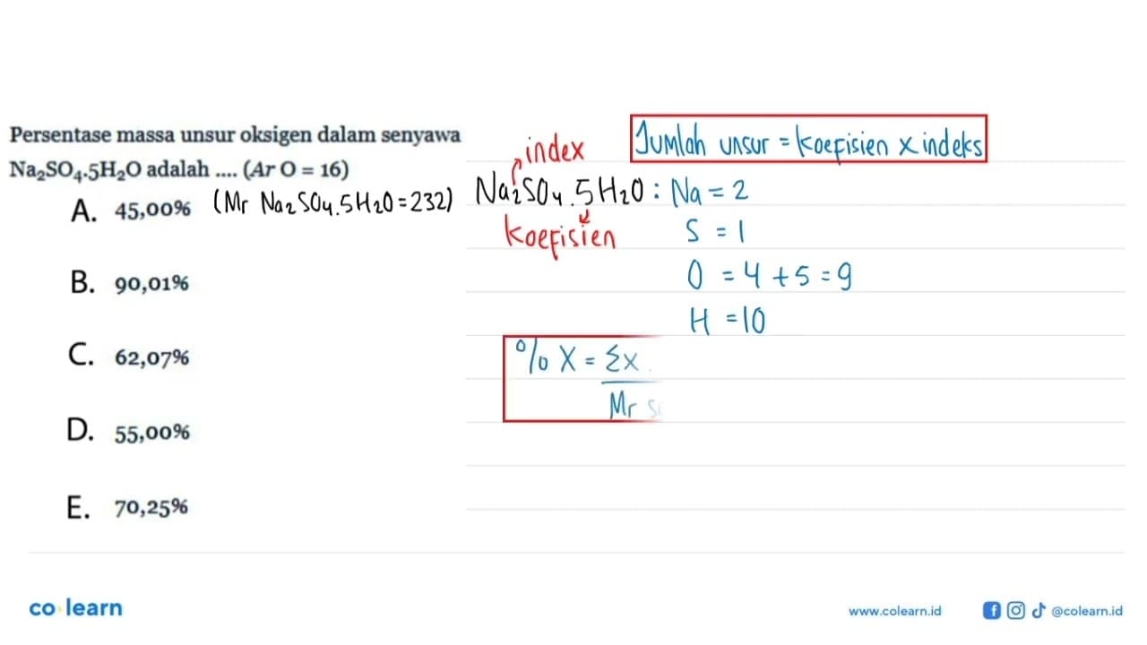 Persentase massa unsur oksigen dalam senyawa Na2SO4 . 5 H2O