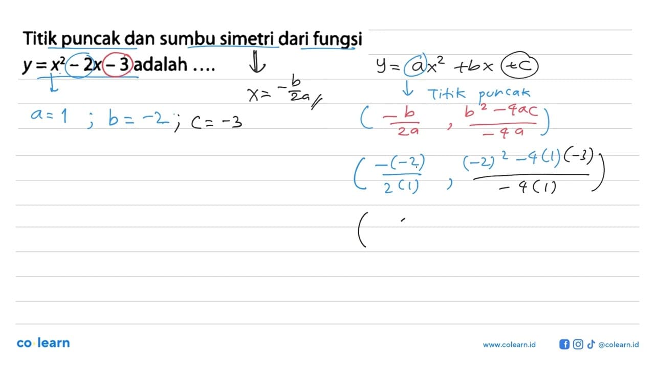 Titik puncak dan sumbu simetri dari fungsi y=x^2-2x-3