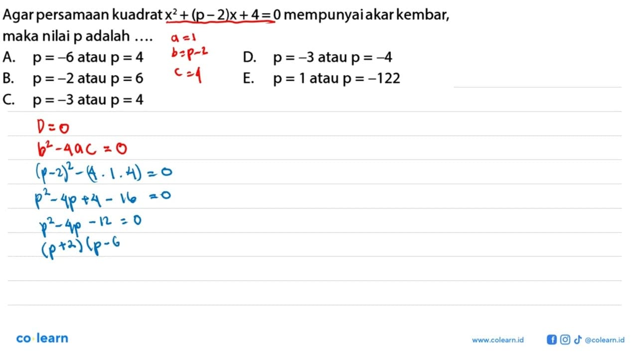 Agar persamaan kuadrat x^2 + (p - 2)x + 4 = 0 mempunyai