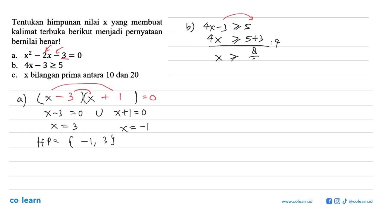 Tentukan himpunan nilai membuat yang X kalimat terbuka