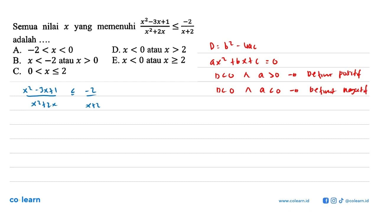 Semua nilai x yang memenuhi (x^2-3x+1)/(x^2+2x)<=-2/(x+2)