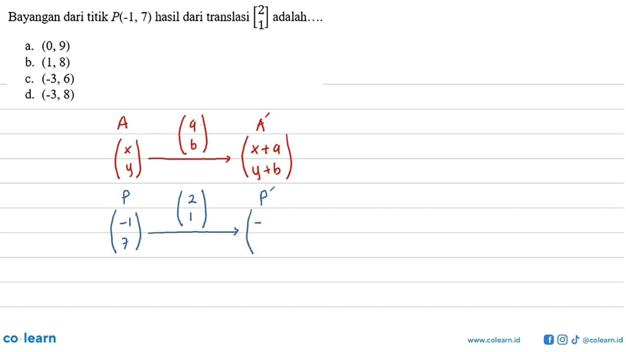 Bayangan dari titik P(-1,7) hasil dari translasi [2 1]