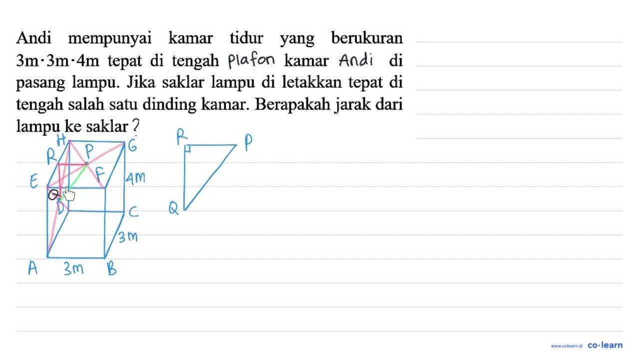 Andi mempunyai kamar tidur yang berukuran 3 m . 3 m . 4 m