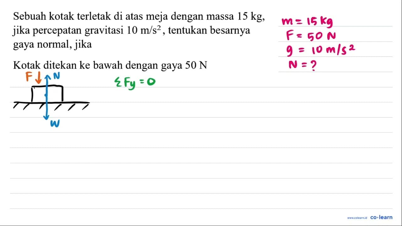 Sebuah kotak terletak di atas meja dengan massa 15 kg ,