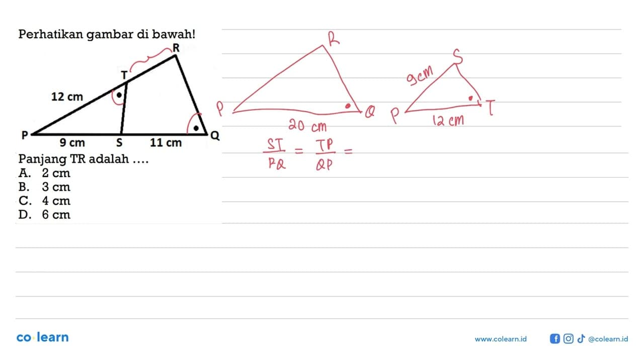 Perhatikan gambar di bawah! P 12 cm T R 9 cm S 11 cm Q