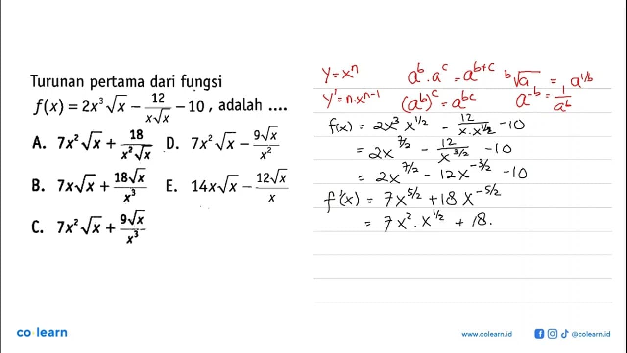 Turunan pertama dari fungsi f(x) = 2x^3 akar(x) - 12/(x