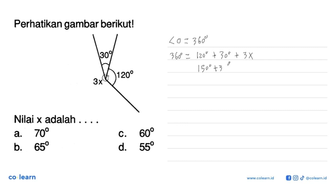 Perhatikan gambar berikut! 3x 30 120 Nilai x adalah ....