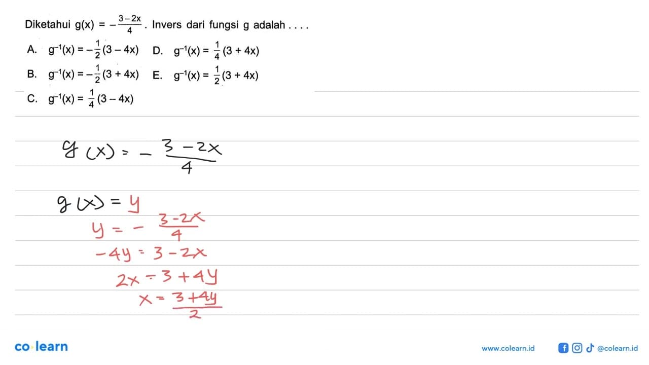 Diketahui g(x)=-(3-2x)/4. Invers dari fungsi g adalah ....