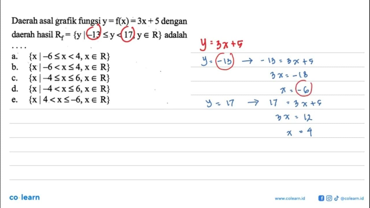 Daerah asal grafik fungsi y=f(x)=3x+5 dengan daerah hasil