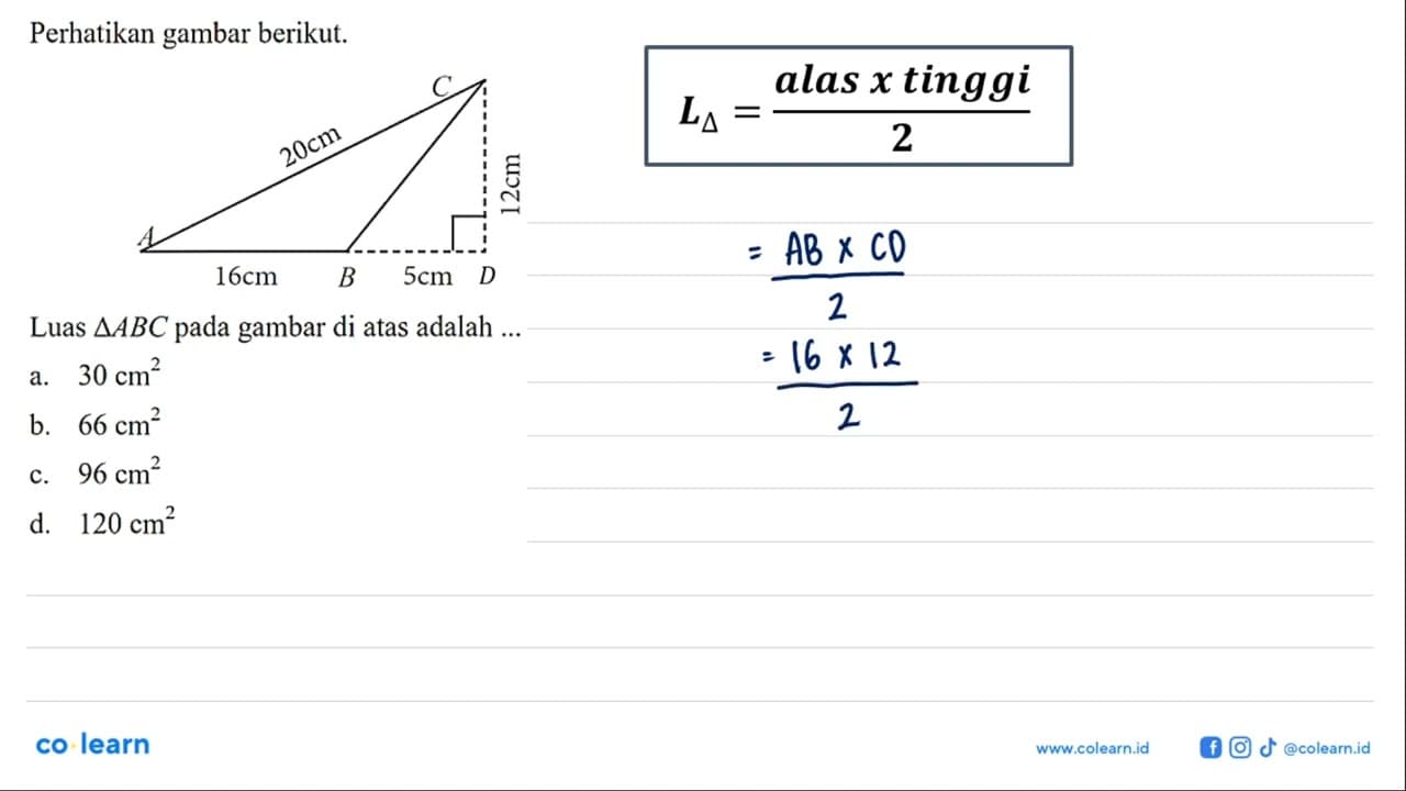 Perhatikan gambar berikut.Luas segitiga ABC pada gambar di