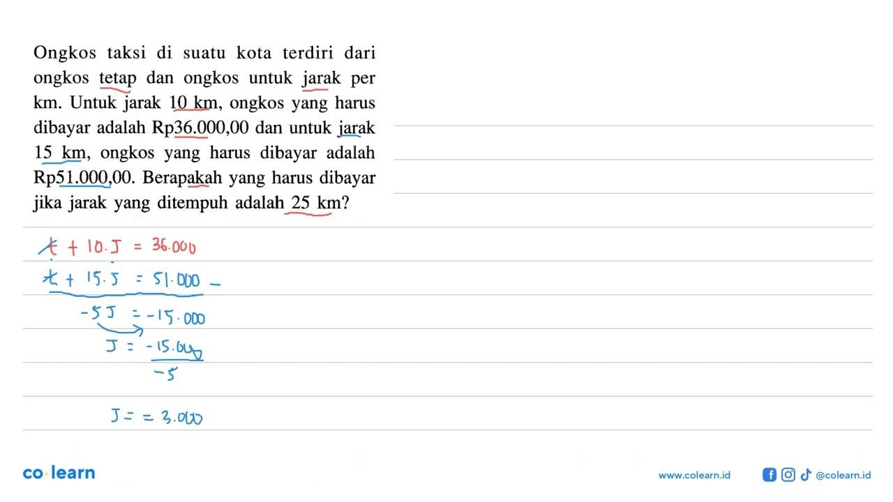 Ongkos taksi di suatu kota terdiri dari ongkos tetap dan