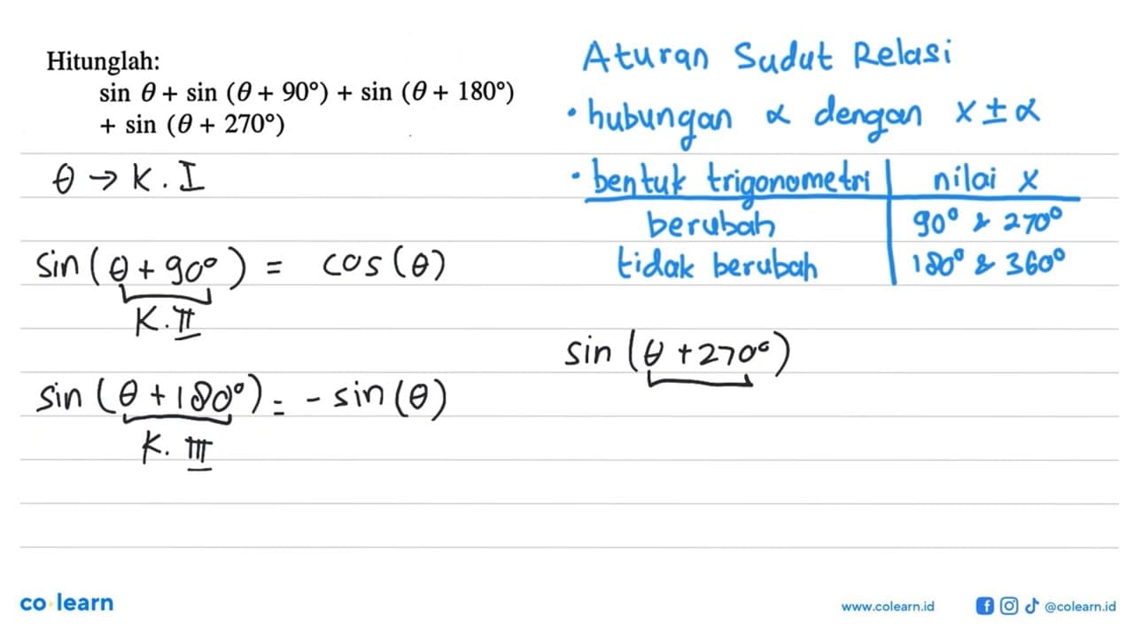 Hitunglah: sin theta + sin (theta + 90) + sin (theta + 180)