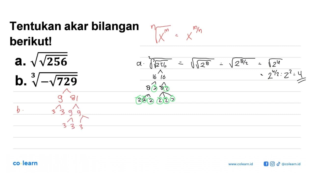 Tentukan akar bilangan berikut! a. akar(akar(256)) b.