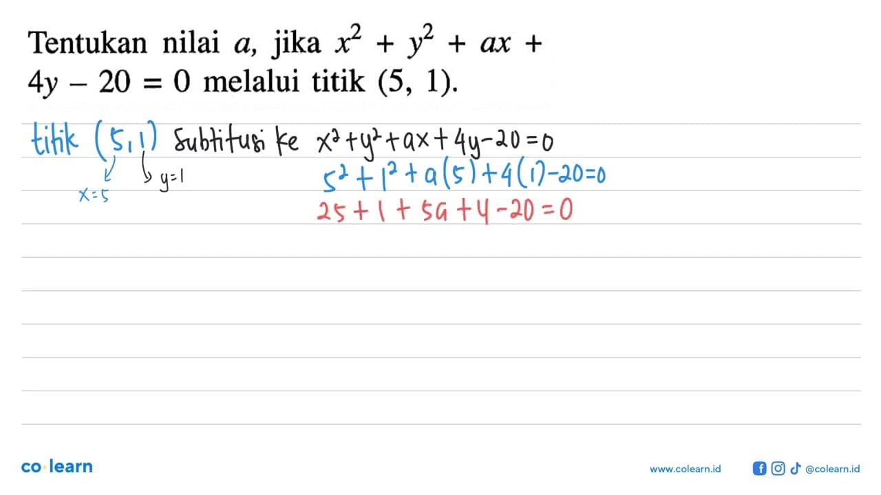 Tentukan nilai a, jika x^2+y^2+ax+4y-20=0 melalui titik