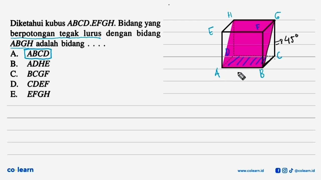 Diketahui kubus ABCD.EFGH. Bidang yang berpotongan tegak