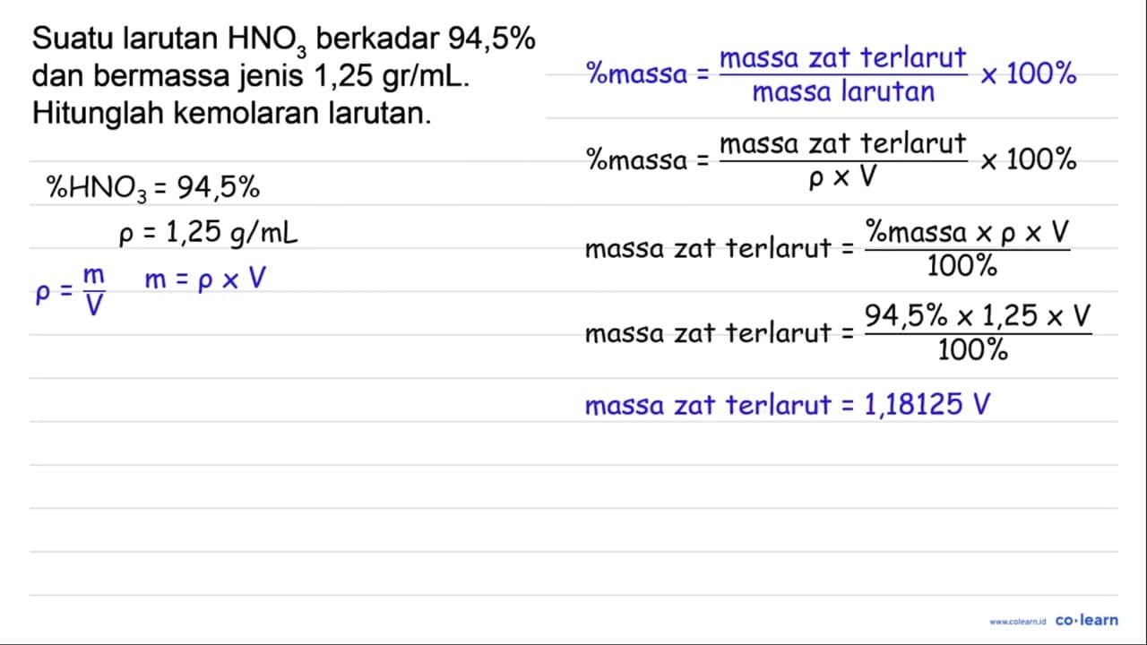 Suatu larutan HNO_(3) berkadar 94,5 % dan bermassa jenis