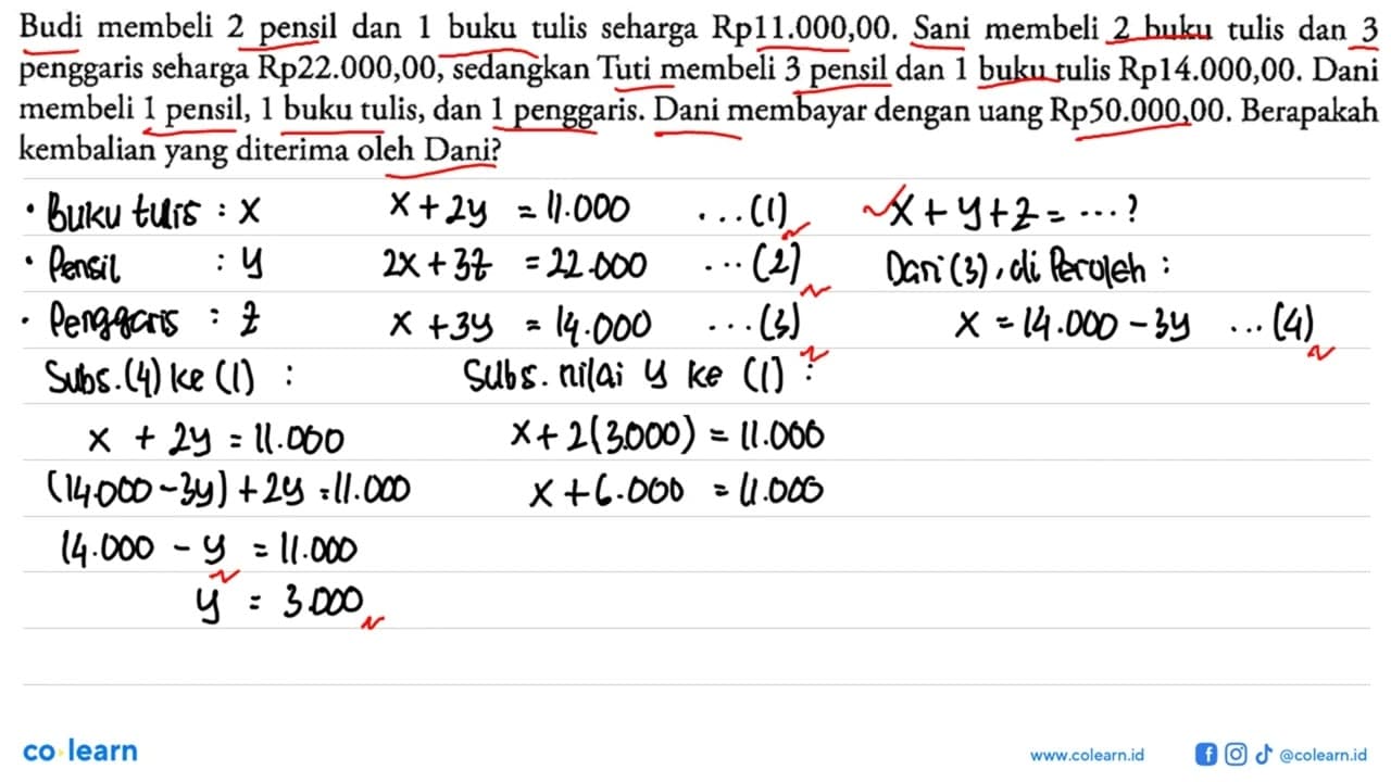 Budi membeli 2 pensil dan 1 buku tulis seharga Rp11.000,00.