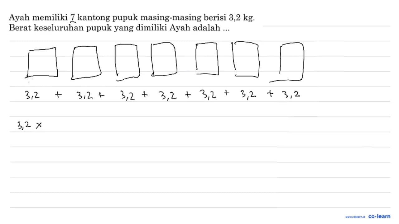 Ayah memiliki 7 kantong pupuk masing-masing berisi 3,2 kg.