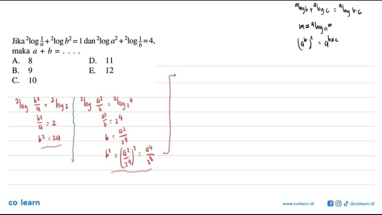 Jika 2log(1/a)+2log(b^2)=1 dan 2log(a^2)+2log(1/b)=4, maka