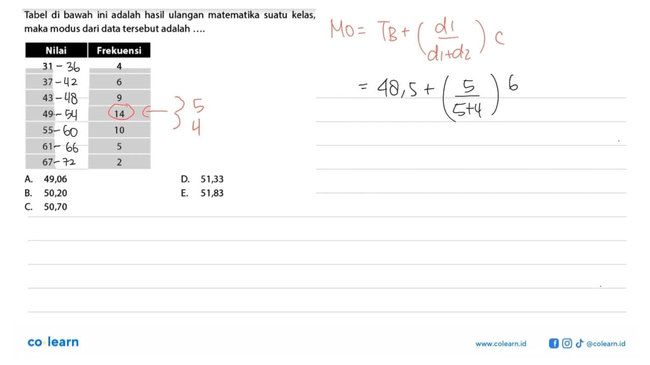 Tabel di bawah ini adalah hasil ulangan matematika suatu