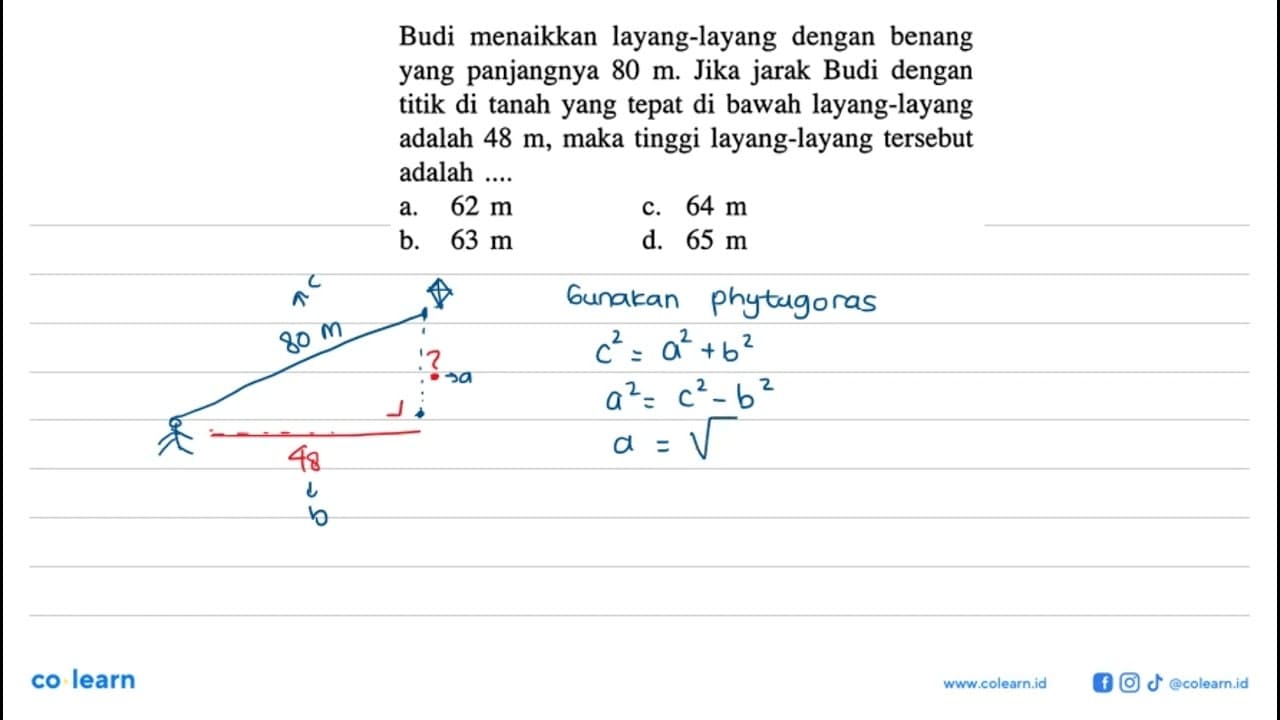 Budi menaikkan layang-layang dengan benang yang panjangnya