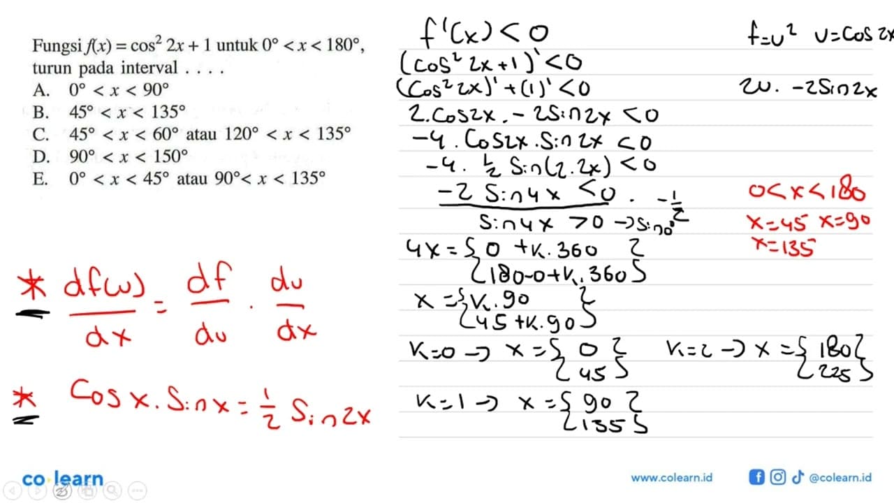 Fungsi f(x)=cos^2 (2x) +1 untuk 0<x<180 , turun pada