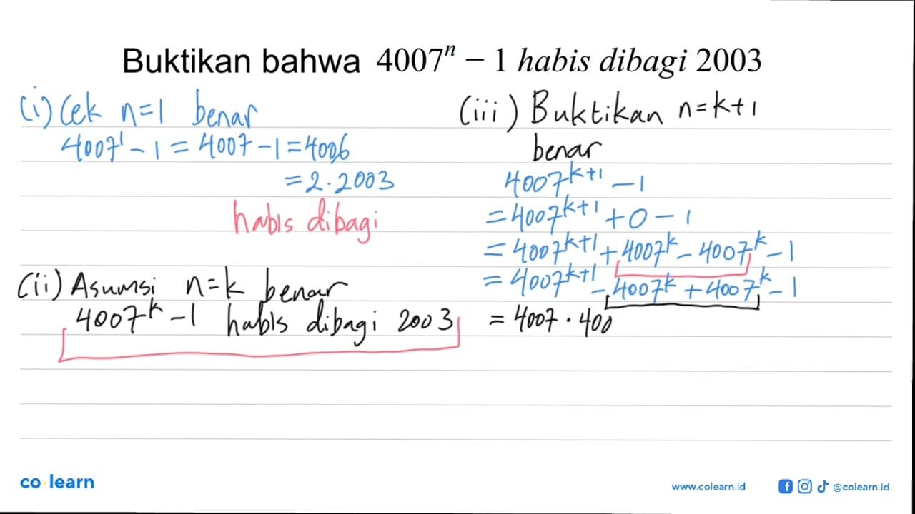 Buktikan bahwa 4007^n-1 habis dibagi 2003