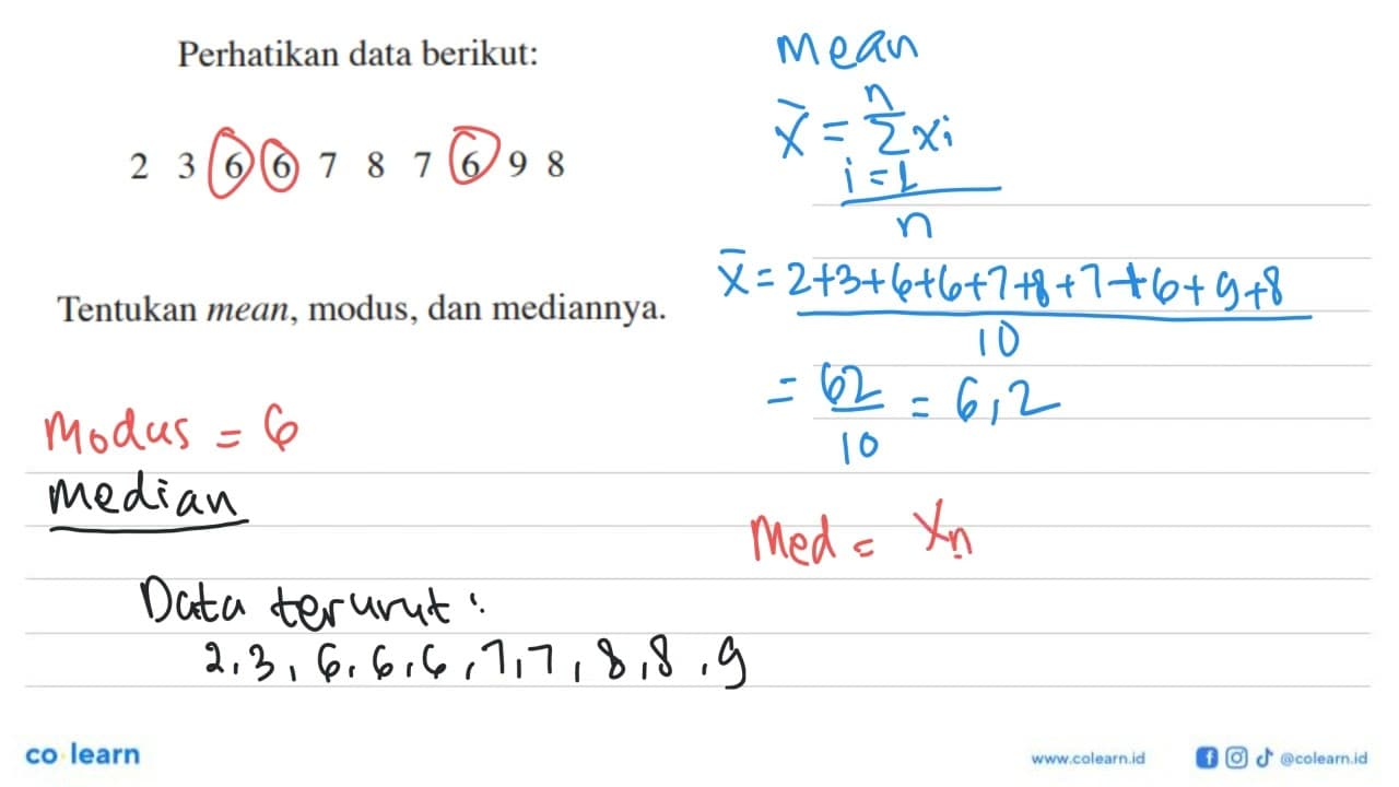 Perhatikan data berikut: 2 3 6 6 7 8 7 6 9 8 Tentukan mean,