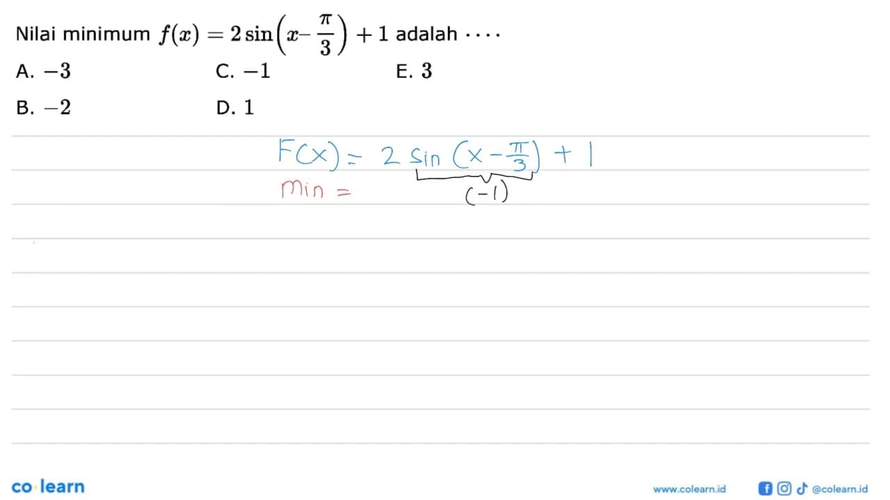 Nilai minimum f(x)=2sin(x-pi/3)+1 adalah....