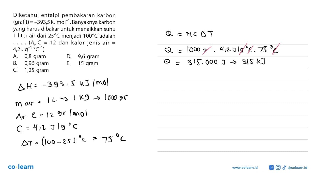 Diketahui entalpi pembakaran karbon (grafit) =-393,5 kJ