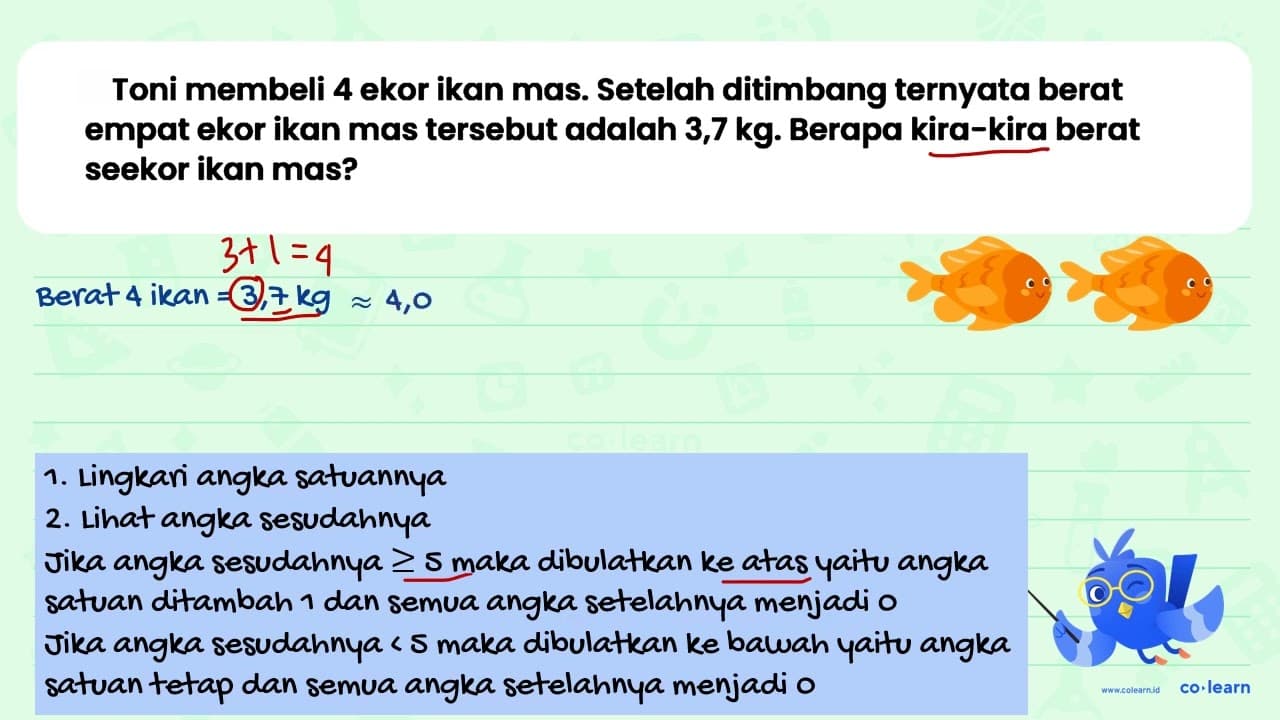 Toni membeli 4 ekor ikan mas. Setelah ditimbang ternyata