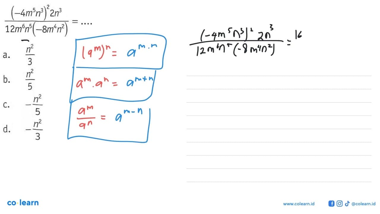 ((-4m^5 n^3)^2 2n^3)/(12m^6 n^5 (-8m^4 n^2)) = ....