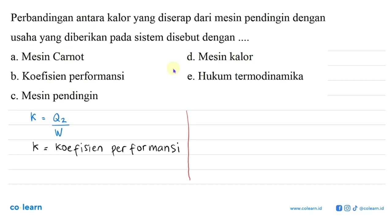 Perbandingan antara kalor yang diserap dari mesin pendingin