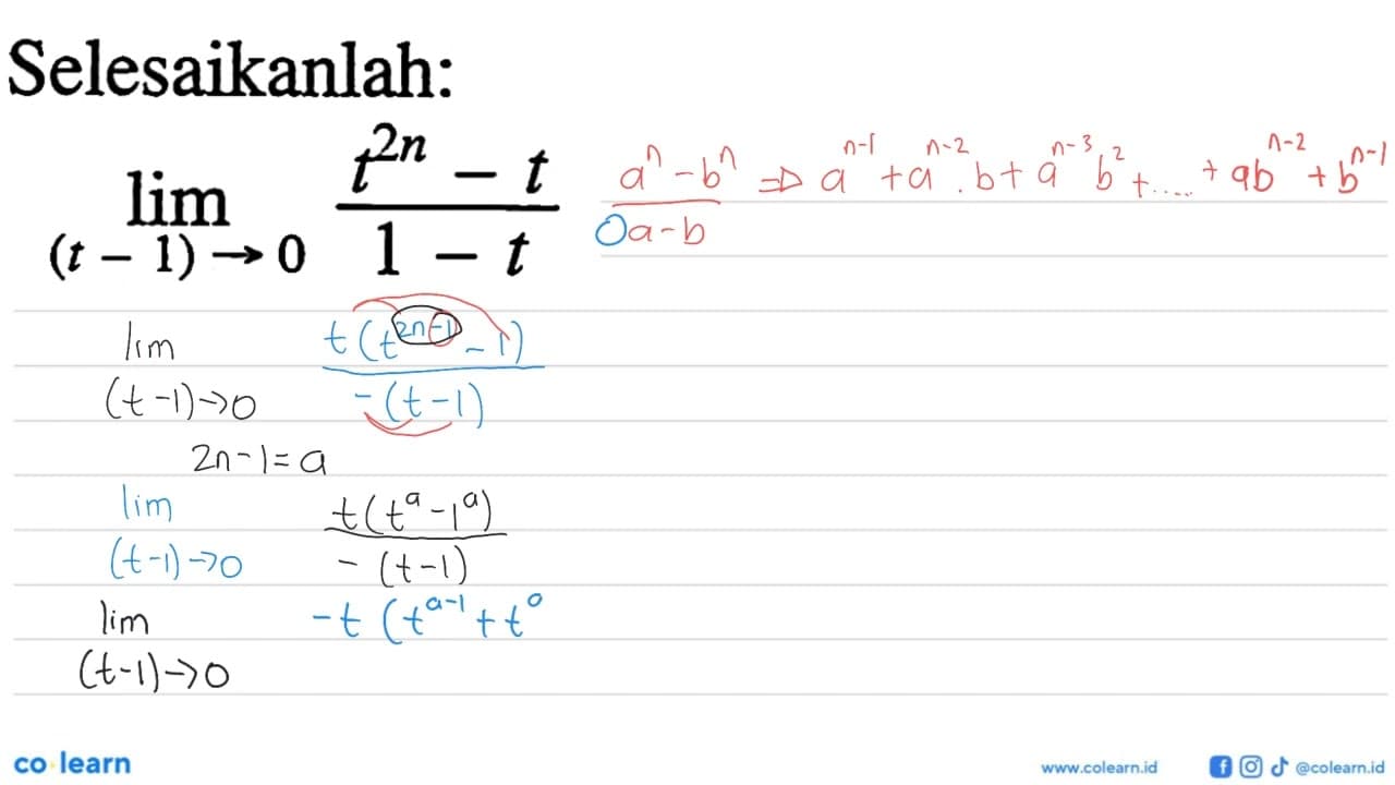 Selesaikanlah:lim (t-1) -> 0 (t^2n-t)/(1-t)