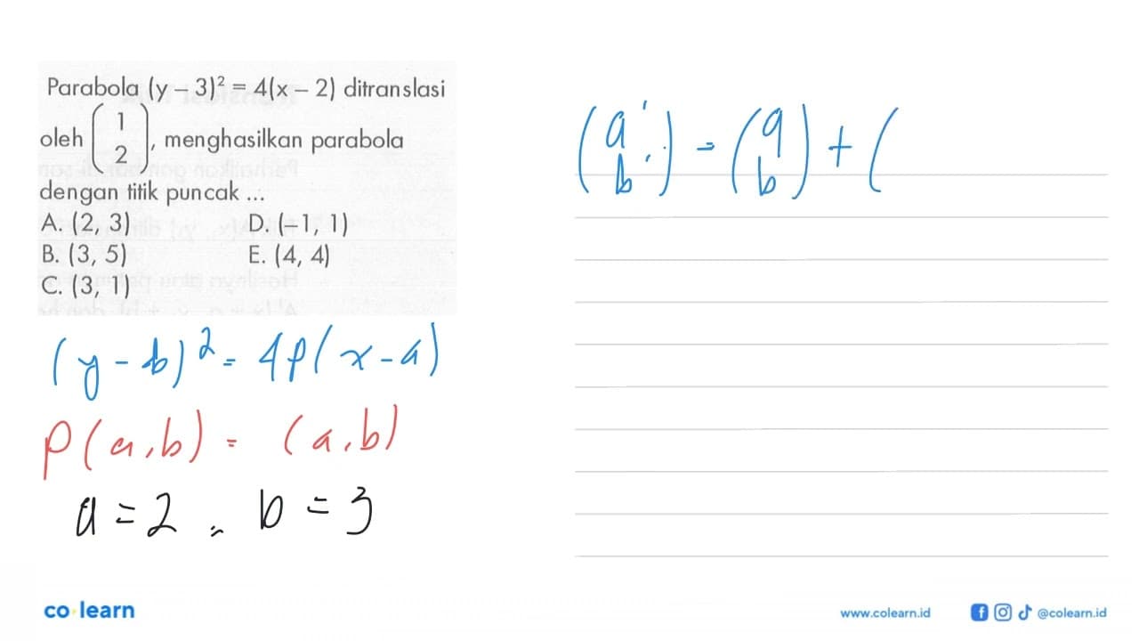 Parabola (y-3)^2=4(x-2) ditranslasi oleh (1 2),