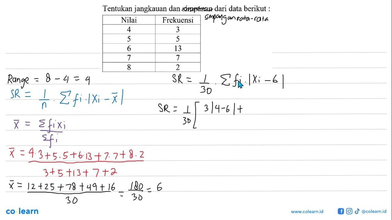 Tentukan jangkauan dan simpangan dari data berikut: Nilai