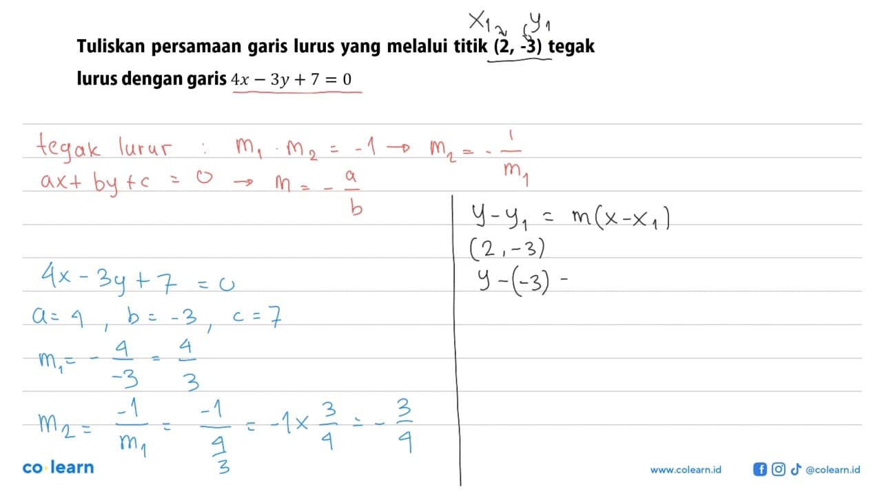 Tuliskan persamaan garis lurus yang melalui titik (2, -3)