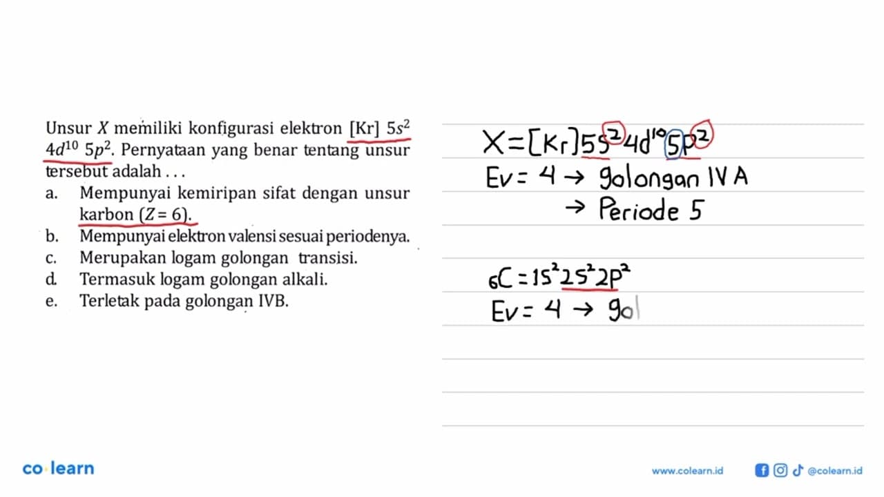 Unsur X memiliki konfigurasi elektron [Kr] 5s^2 4d^10 5p^2.