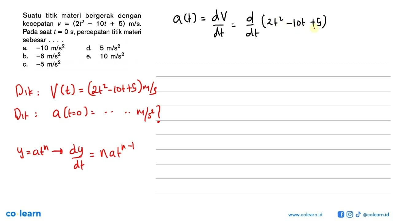 Suatu titik materi bergerak dengan kecepatan v = (2t^2 -