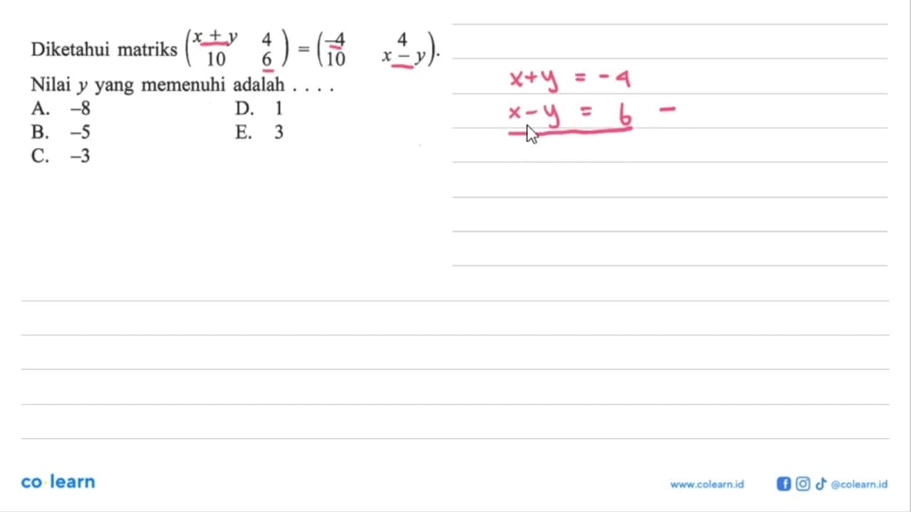 Diketahui matriks (x+y 4 10 6)=(-4 4 10 x-y). Nilai y yang