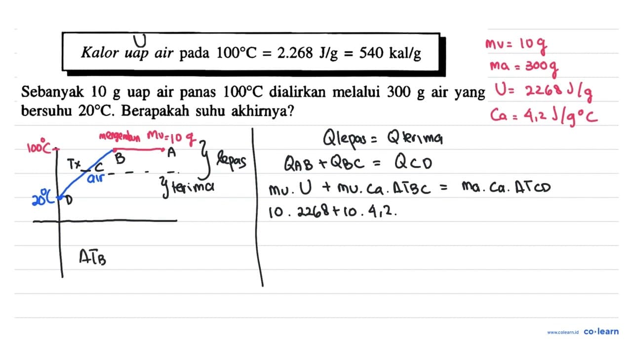 Kalor uap air pada 100 C=2.268 J / g=540 kal / g Sebanyak