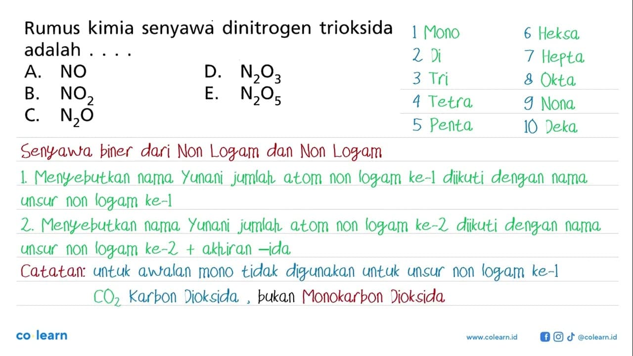 Rumus kimia senyawa dinitrogen trioksida adalah ....