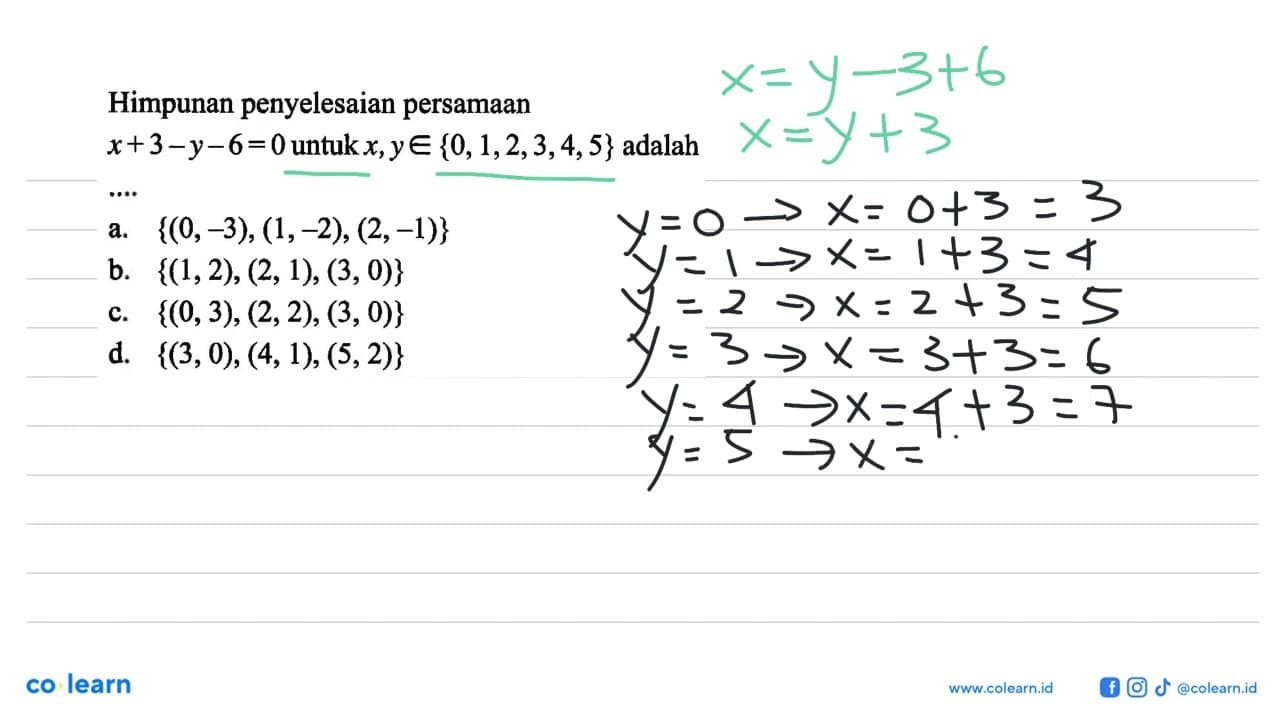 Himpunan penyelesaian persamaan x + 3 - Y - 6 = 0 untuk x,