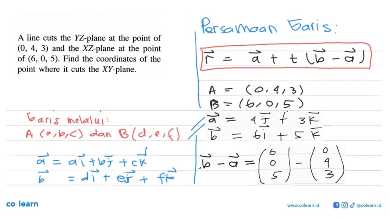 A line cuts the YZ-plane at the point of (0,4,3) and the